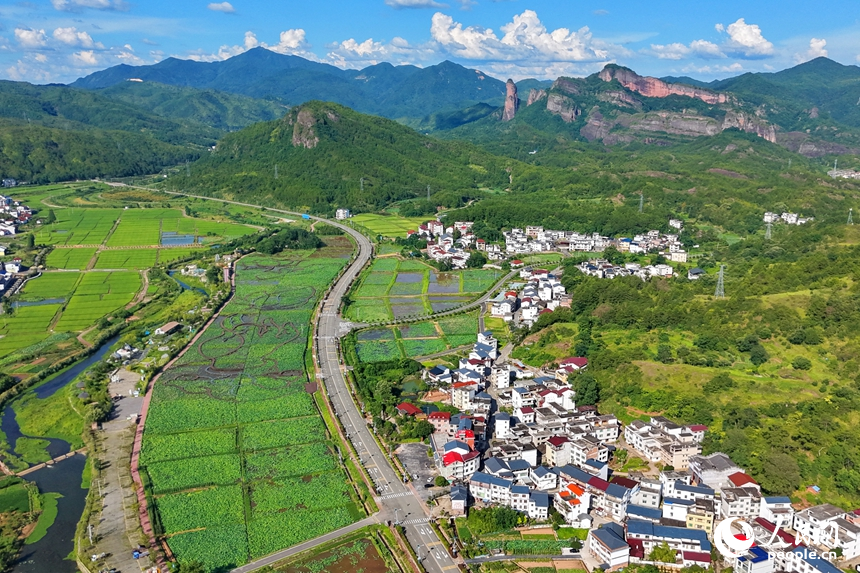 蜿蜒的柏油公路犹如银龙穿行翠绿山间，与村庄、农田、山峦、河流相映成趣，构成一幅路畅通、景色美的夏日乡村画卷。人民网记者 朱海鹏摄